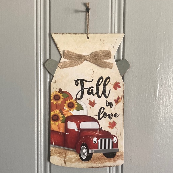 NWT Glittered FALL IN LOVE Harvest Red Farm Truck Wood Milk Jug Decoration Sign - Picture 4 of 17